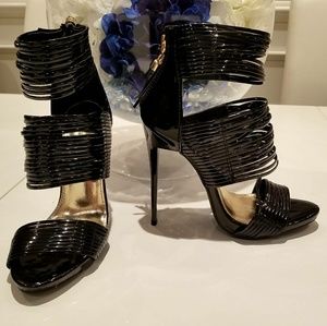 Black patent leather high heeled sandal
